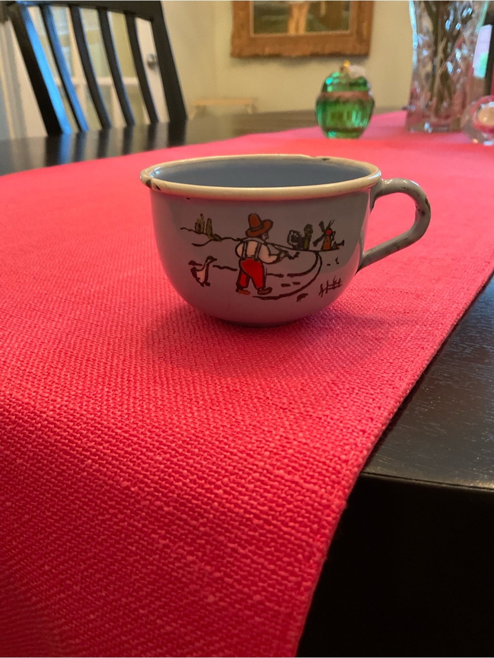 Vintage German Blue Enamel Painted Children’s Cup Hollander Man & Duck